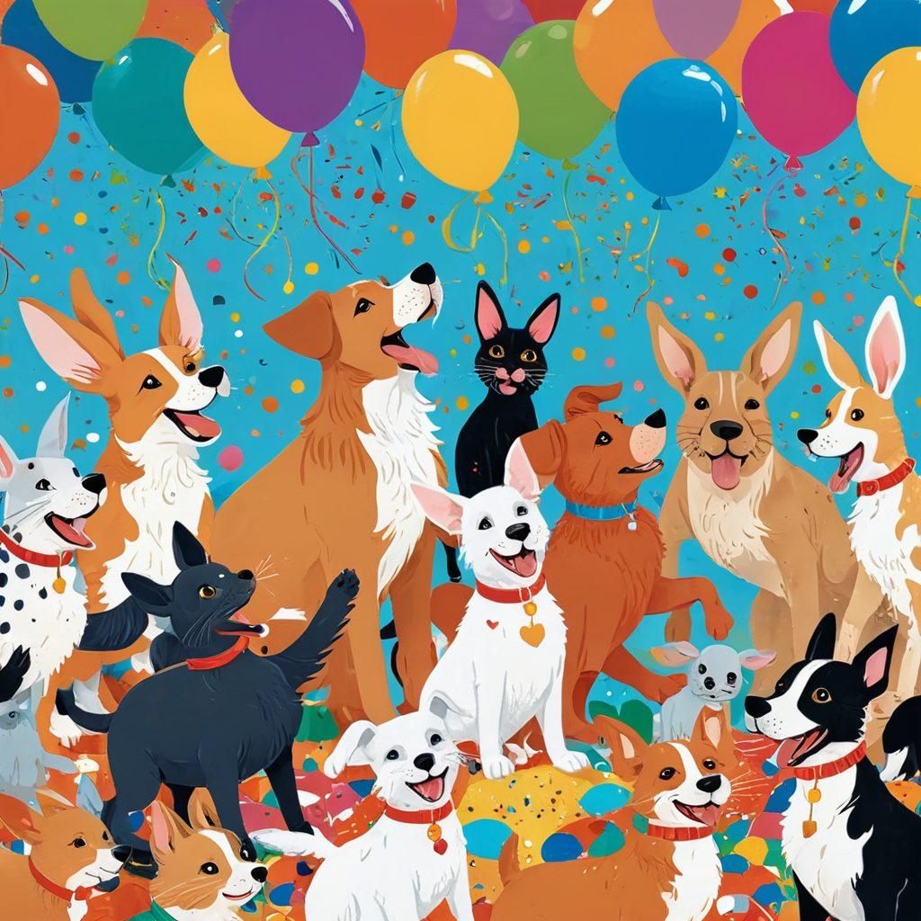 An expansive and colorful scene depicting various playful animals such as dogs, cats, and rabbits engaging in silly antics, surrounded by whimsical illustrations of funny animal facts. Include elements like balloons, confetti, and games in bright colors, capturing the joy of pet ownership. The background should be light and cheerful, creating a vibrant atmosphere that embodies laughter and fun. cartoon style. vibrant colors. whimsical.