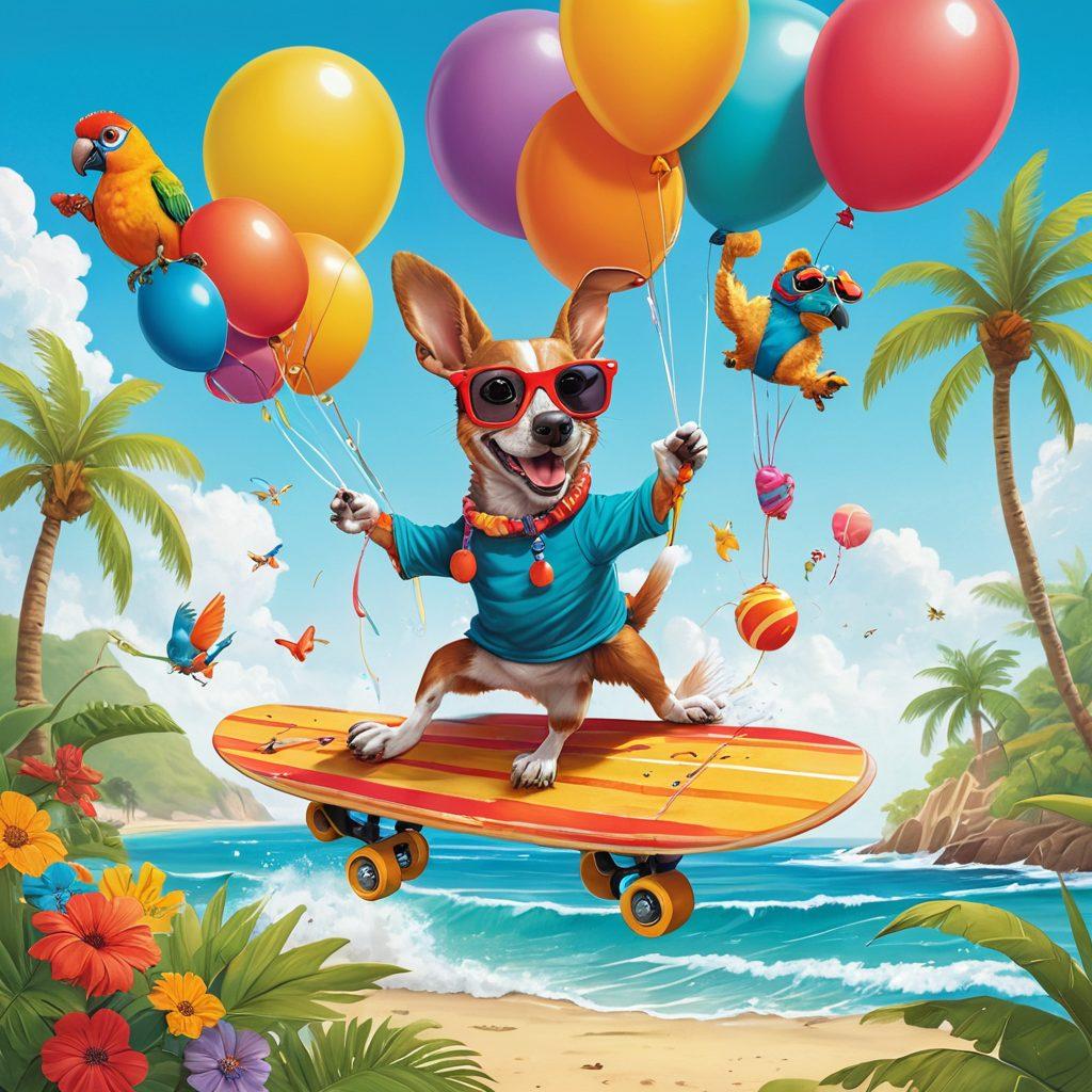 A whimsical scene featuring various playful animals - a dog wearing sunglasses while riding a skateboard, a cat perched on a surfboard, a rabbit jumping through colorful hoops, and a parrot sitting on a tree branch laughing. Bright, cheerful colors fill the background with fun elements like balloons and cake to evoke a festive atmosphere. This lively illustration captures the essence of humorous animal antics and pet adventures. cartoon style. vibrant colors. white background.